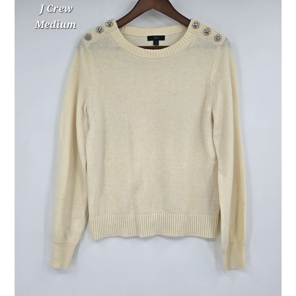 J.Crew Preppy Minimalist Cream Wool Blend Sweater Rhinestone Shoulder Buttons  M